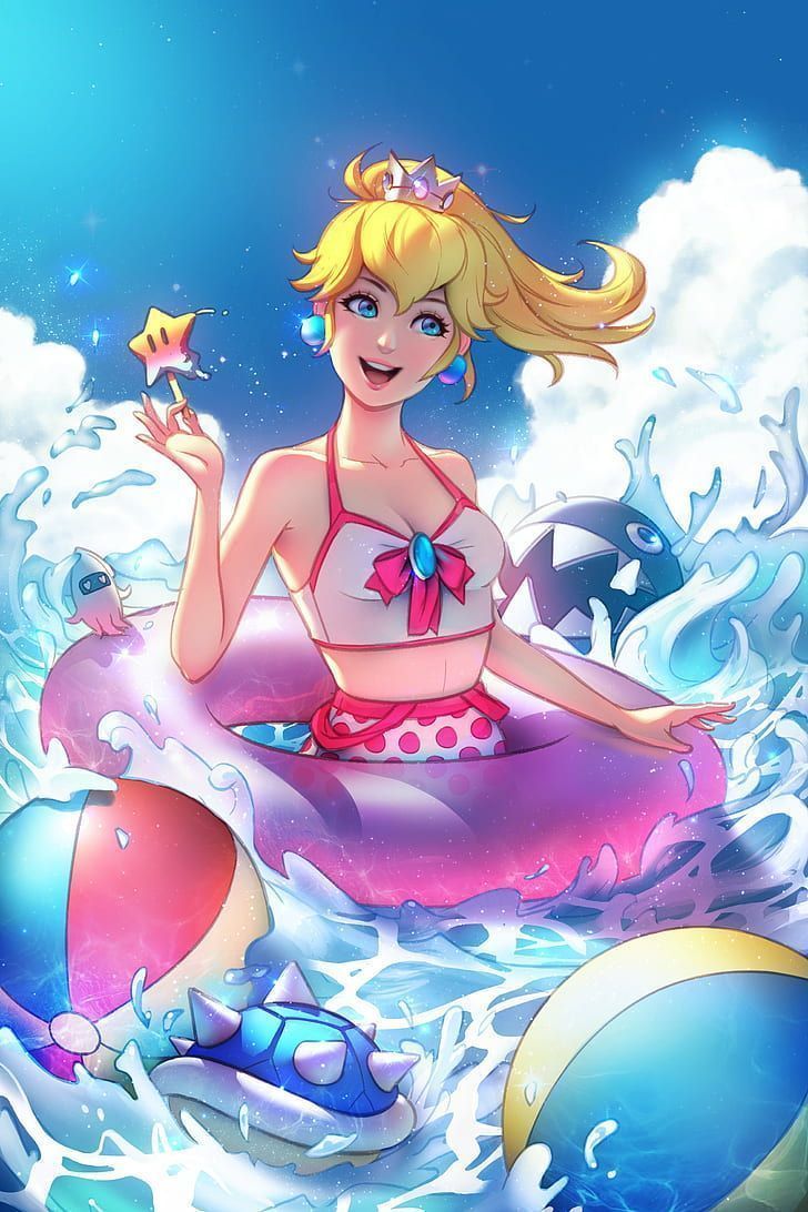 Princess Peach in a bikini, floating on a pink inner tube in the sea, holding a seashell and surrounded by blue water, yellow sun, white cloud, and pink and blue seashells.  - Princess Peach