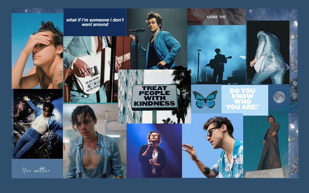 A collage of Harry Styles pictures with a blue aesthetic - Harry Styles