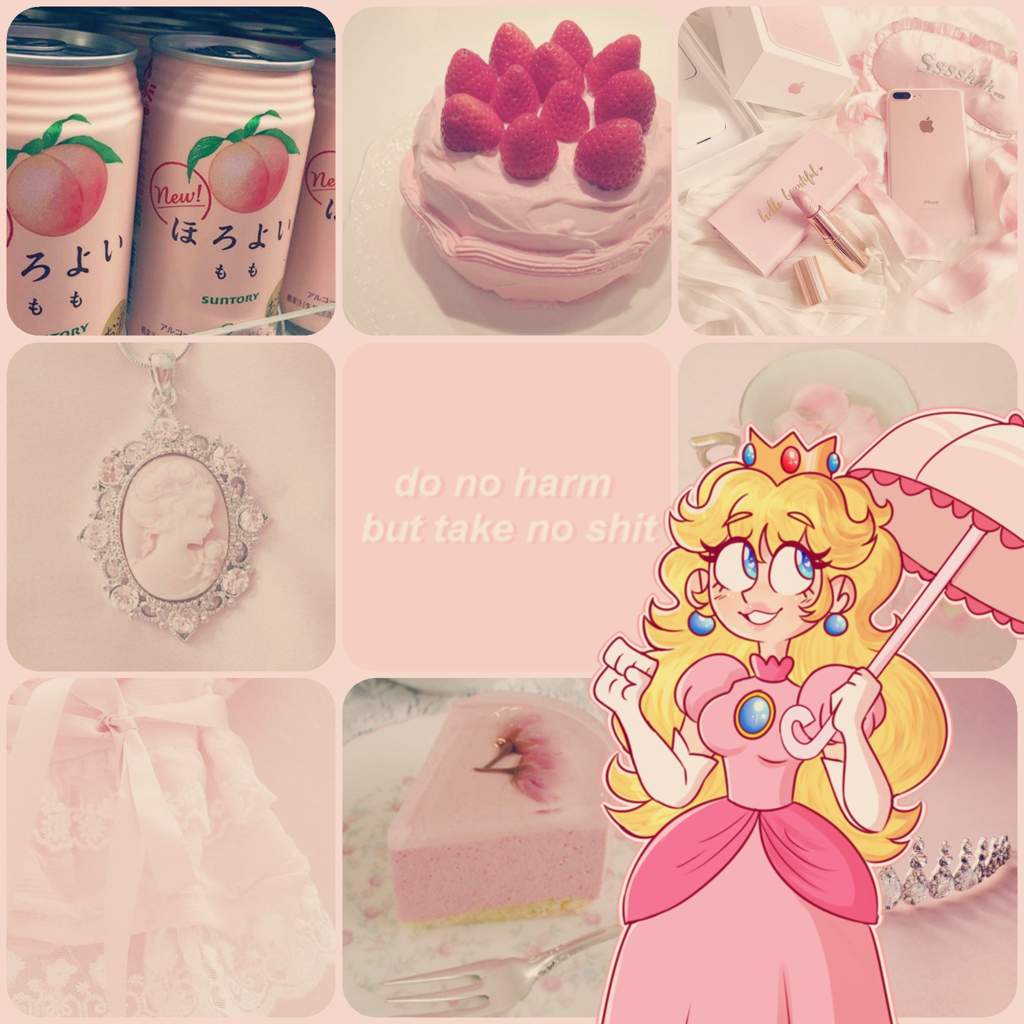 A collage of pink items including a cake, drink, and a necklace. - Princess Peach
