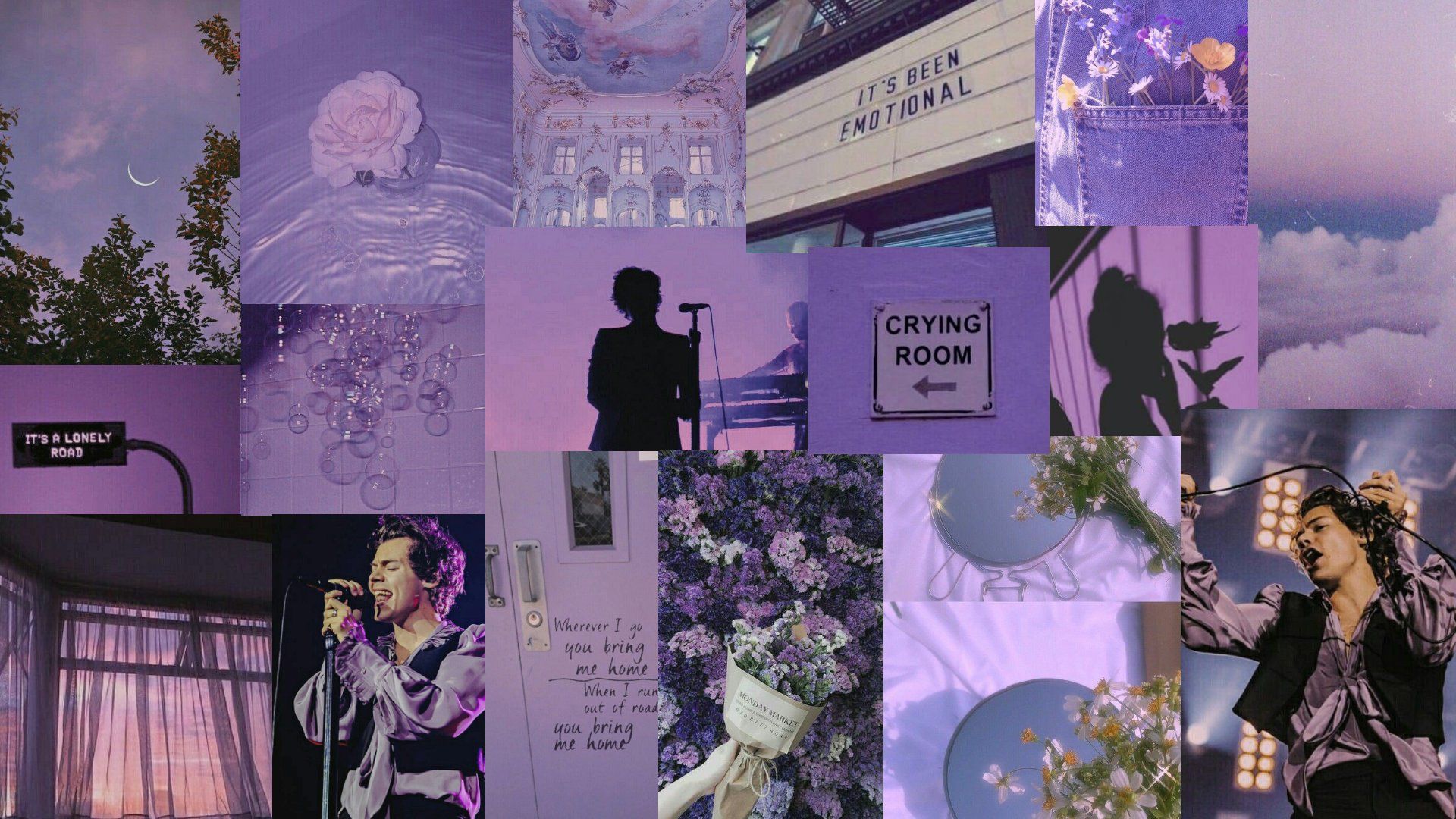 A collage of purple aesthetic images - Harry Styles