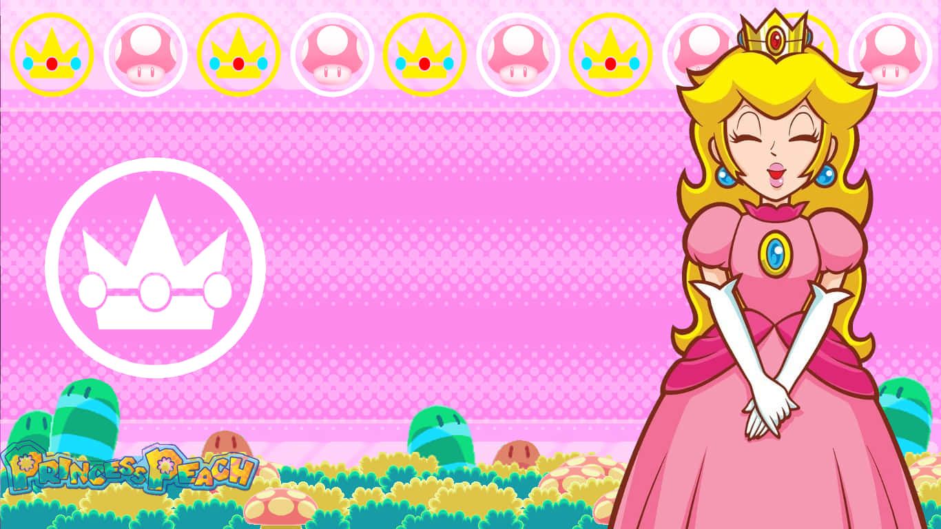 Princess Peach from Mario Party 9 standing in a pink dress in front of a pink background - Princess Peach