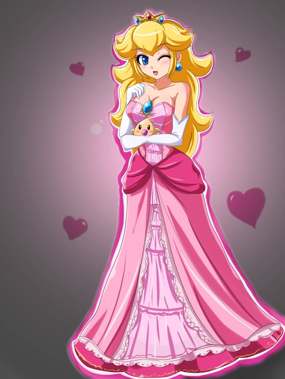 Princess Peach from the Mario franchise, wearing a pink dress and holding a baby peach. - Princess Peach