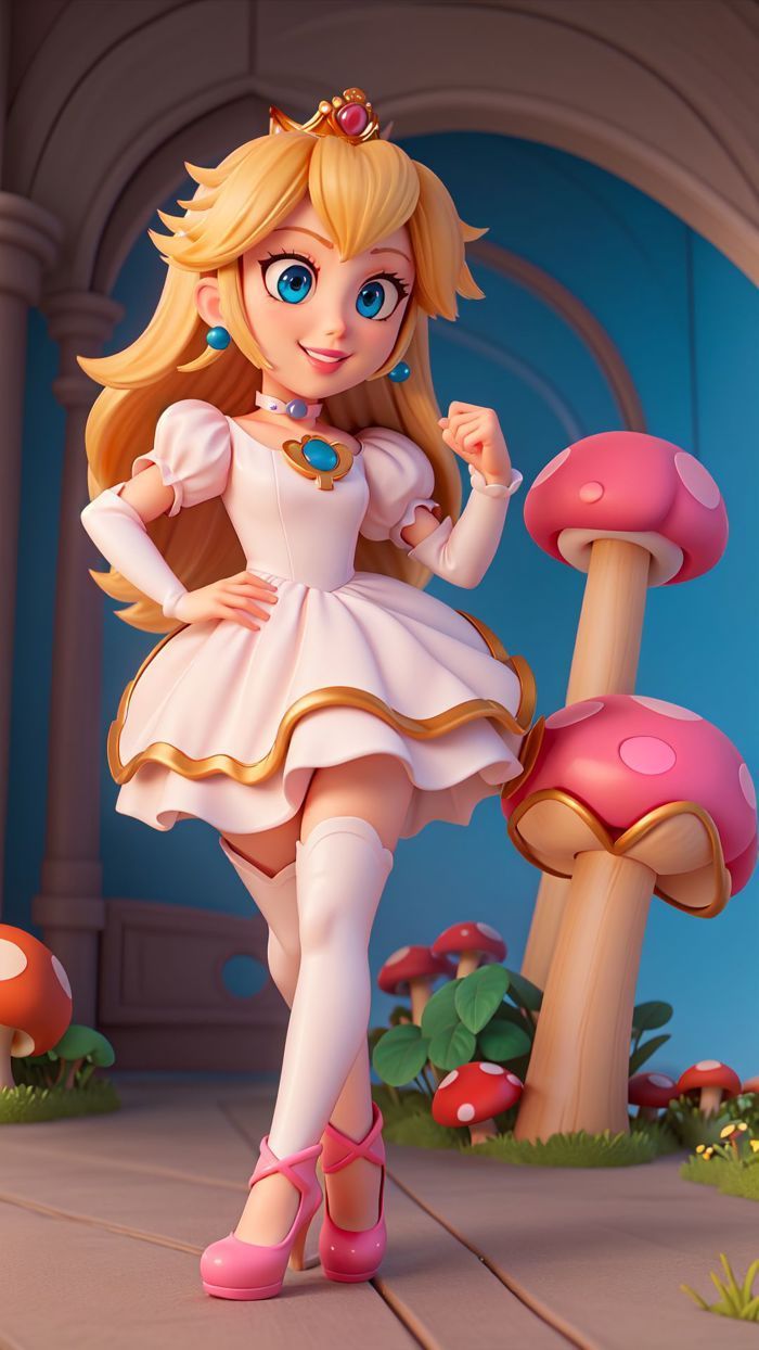 Princess Peach from Super Mario in a pink dress, standing in front of a mushroom. - Princess Peach