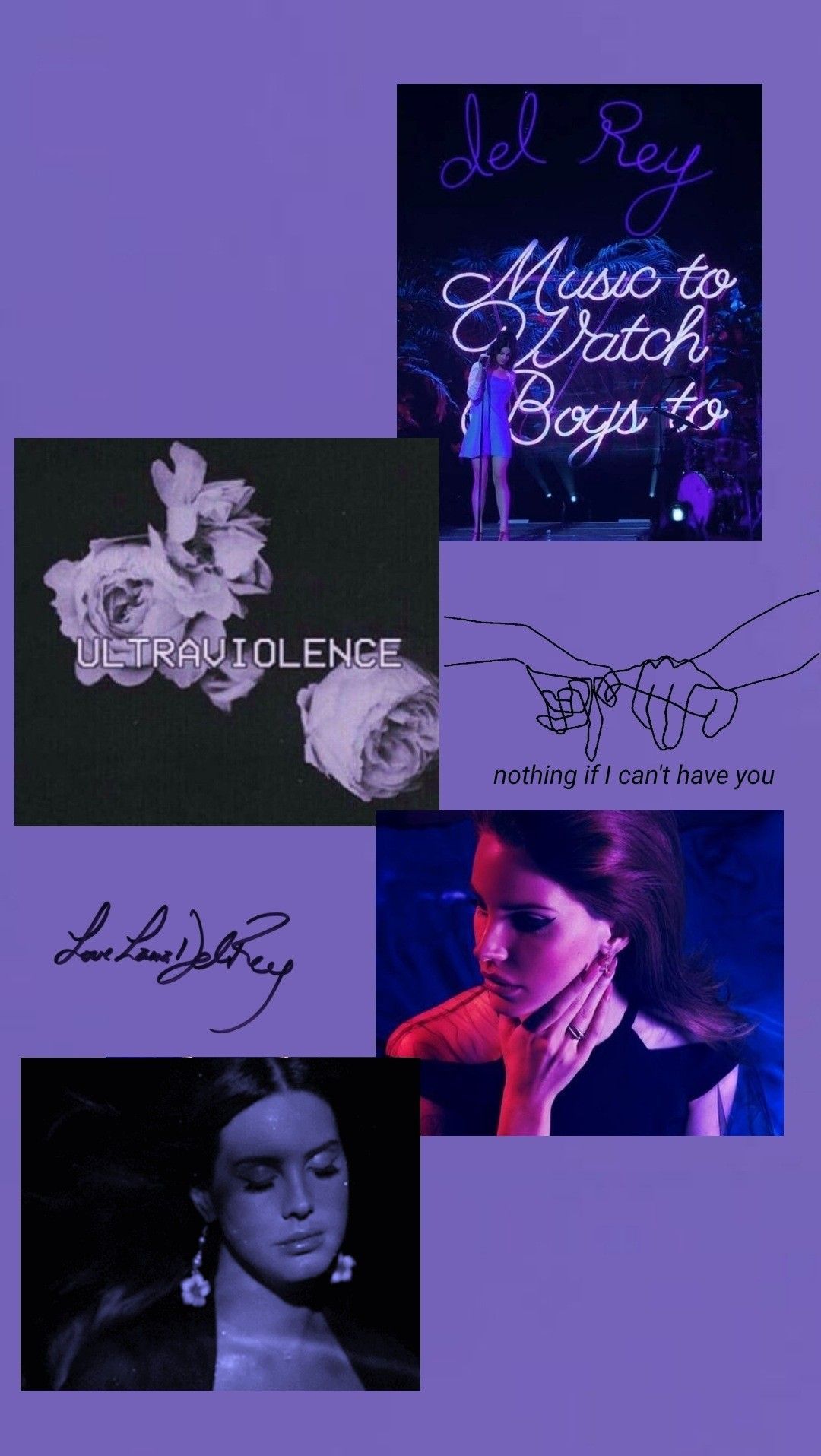 Aesthetic wallpaper for phone with purple background and pictures of Del Rey, flowers, and the words 