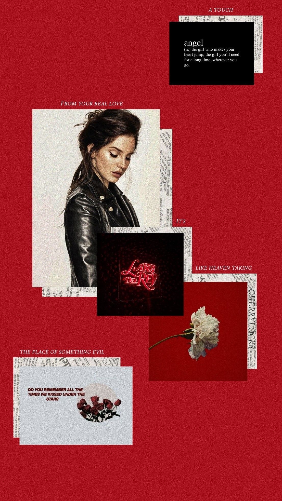 A collage of the red album cover, the lyrics, and some of the singles from the album - Lana Del Rey