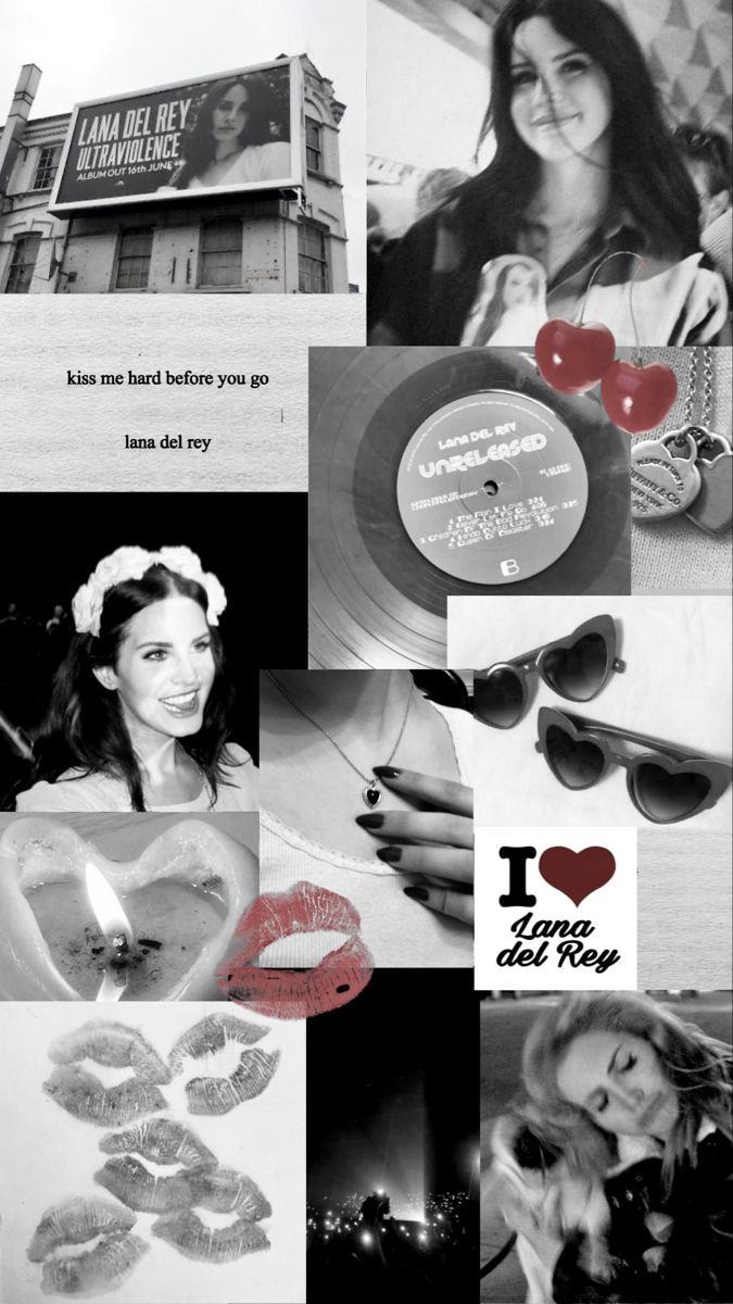 A collage of Lana Del Rey images, including a billboard, sunglasses, and hearts. - Lana Del Rey