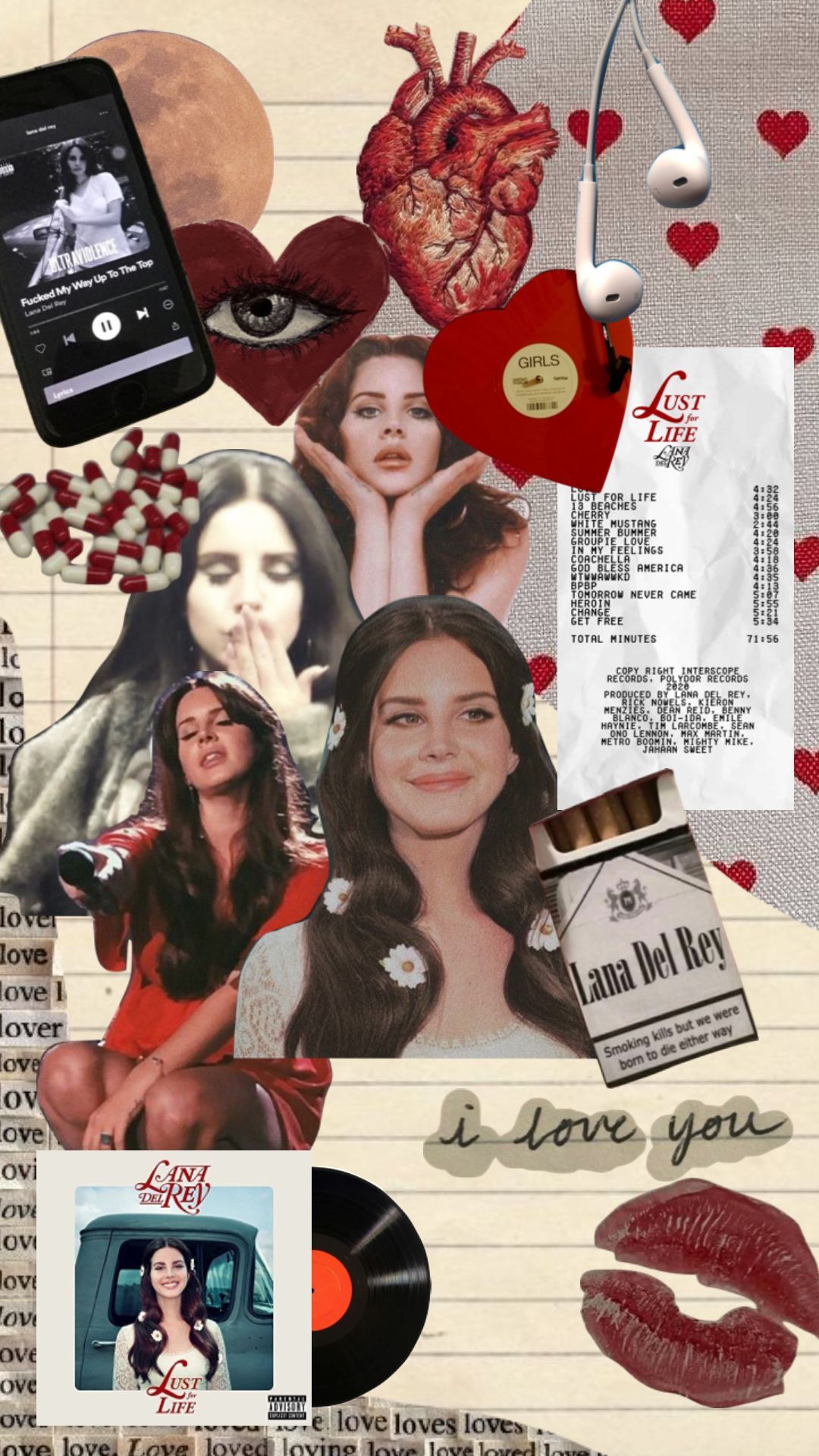 A collage of a woman, hearts, a phone, and music. - Lana Del Rey