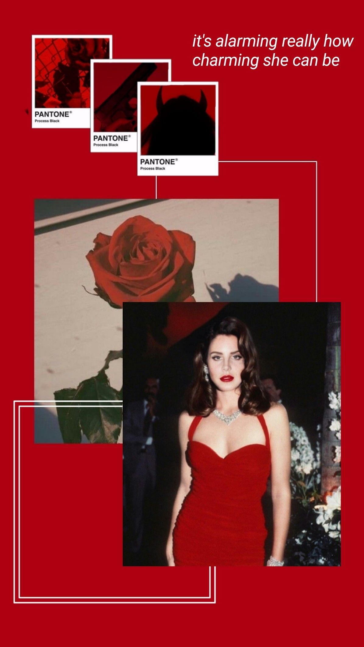Red aesthetic wallpaper with a collage of a woman in a red dress and a rose. - Lana Del Rey
