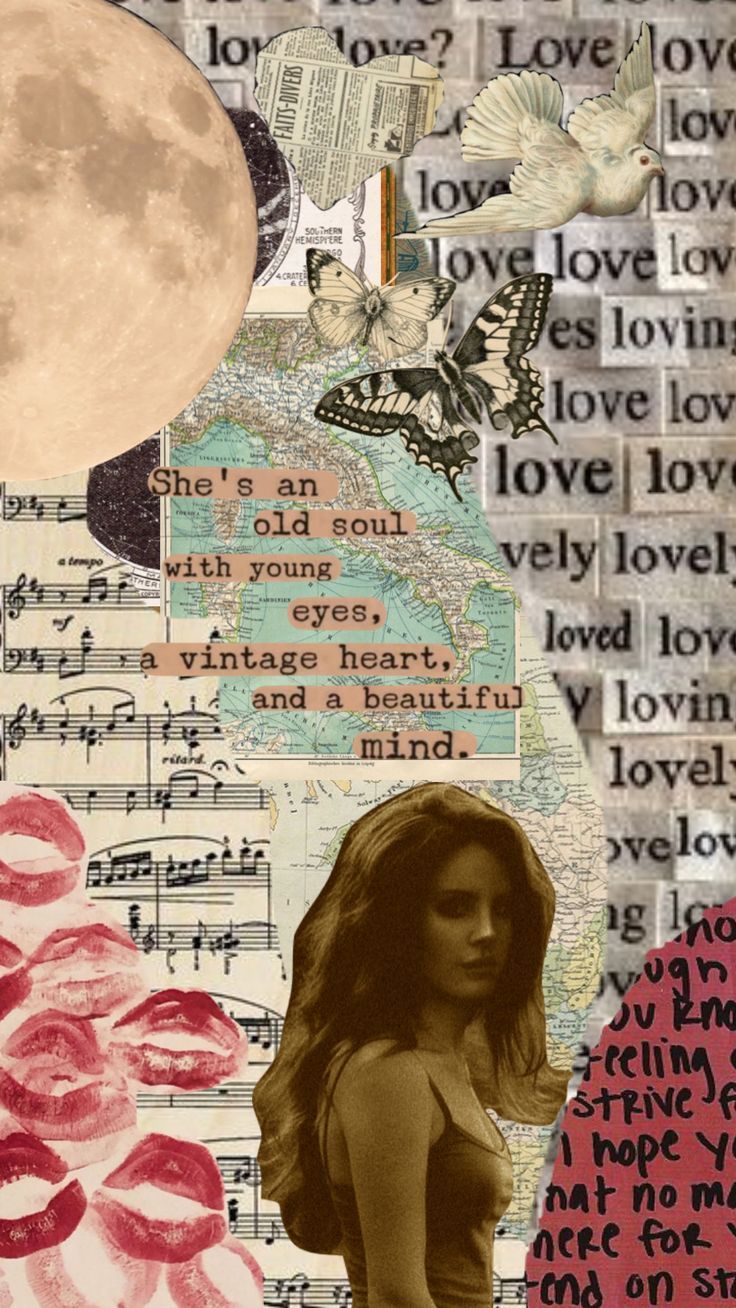 A collage of a woman, butterflies, a map, lips, music notes, and the word 