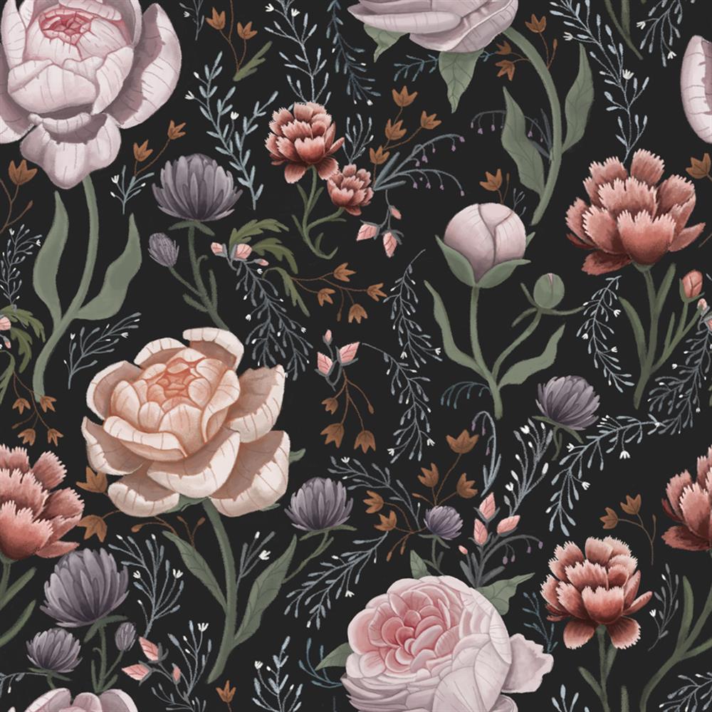 A floral pattern with pink and purple flowers on a black background - Cottagecore