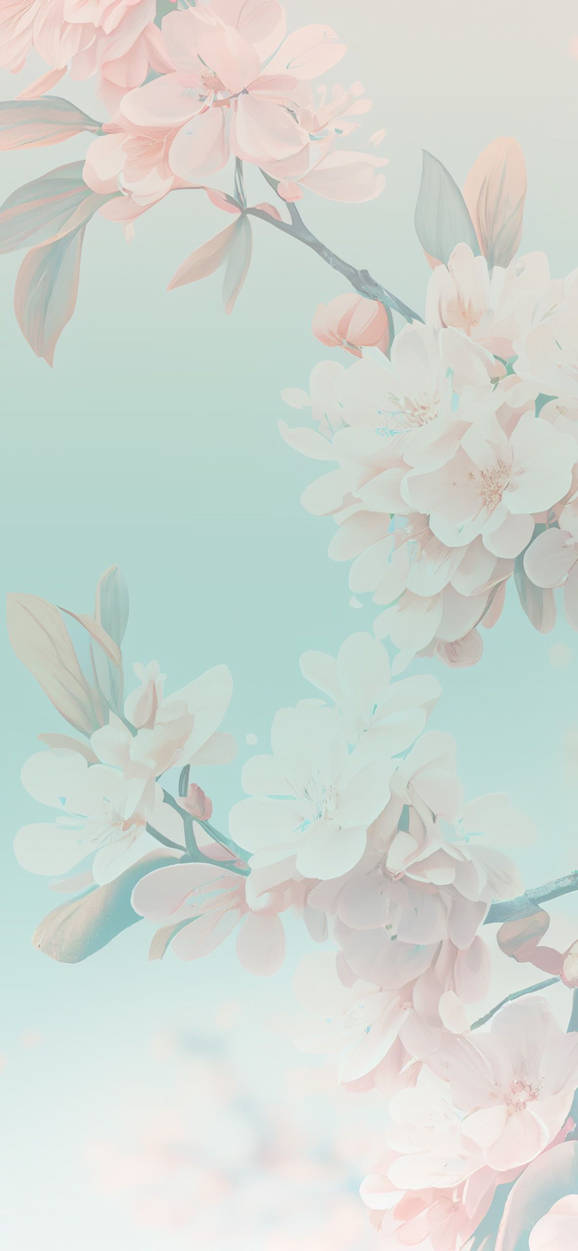 A branch of flowers in soft pastel colors on a sky blue background - Teal, cherry blossom