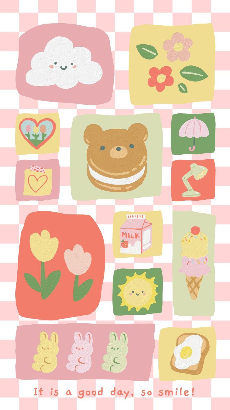 A pastel illustration of food and nature items on a pink and white grid background - Kawaii