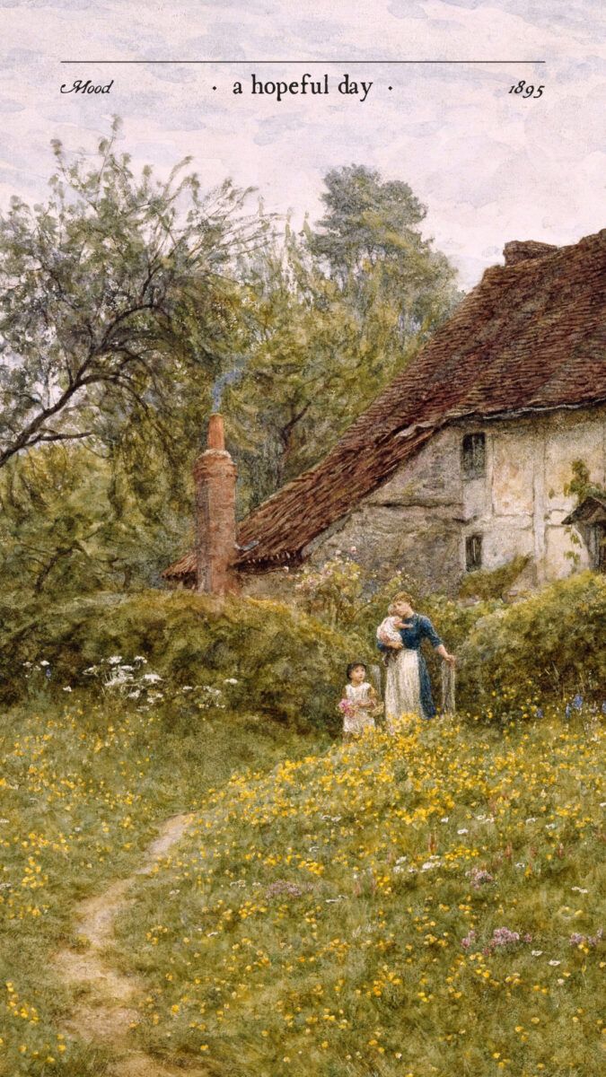 A woman and child stand in a field of flowers in front of a country cottage. - Cottagecore