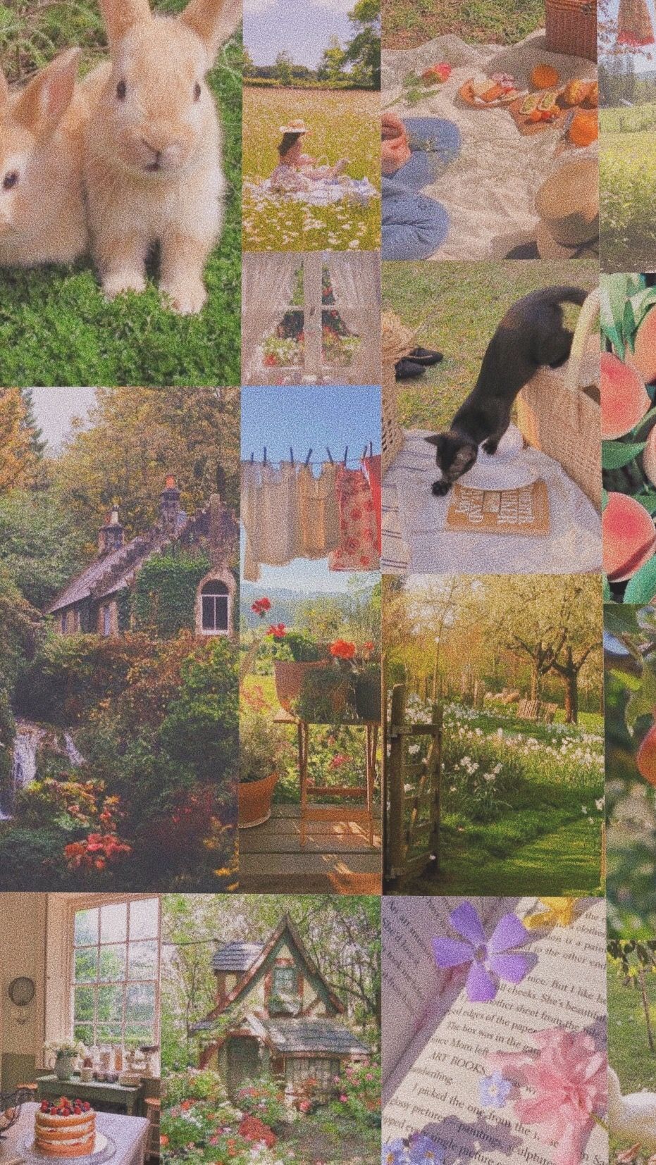 A collage of pictures of cats, rabbits, flowers, and a garden. - Cottagecore