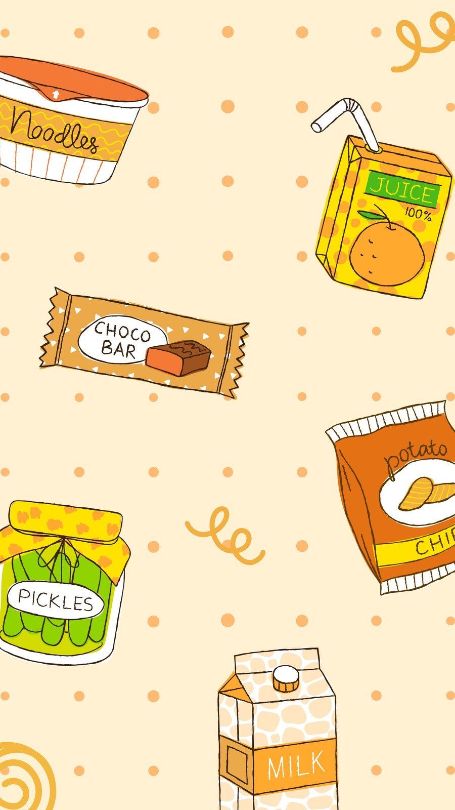A pattern of different food items such as milk, juice, noodles, pickles, potato chips, chocolate bar, and candy bar. - Kawaii, food