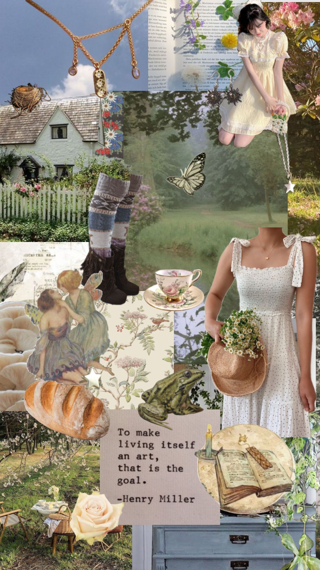 Aesthetic of a garden with a girl in a white dress, butterfly, and tea cup. - Cottagecore