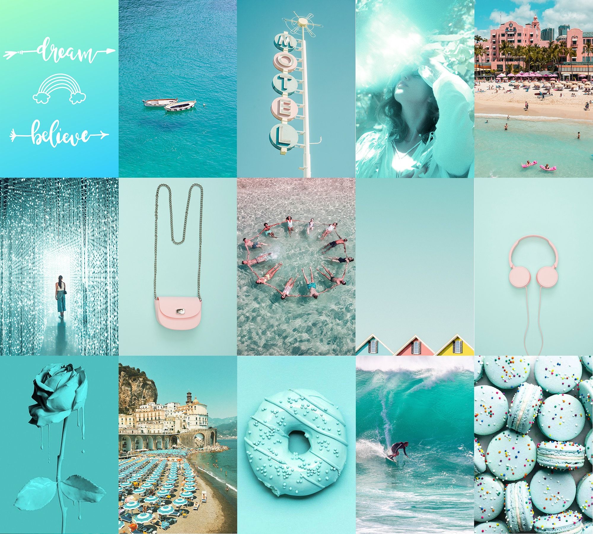 A collage of 12 photos in varying shades of blue and aqua, including the ocean, flamingos, a beach, a rose, and donuts. - Teal