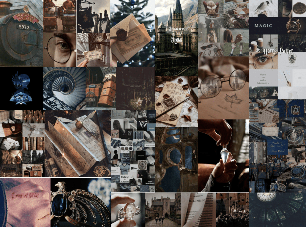 A collage of photos of Harry Potter items such as Hogwarts, books, and magic. - Harry Potter, Hogwarts