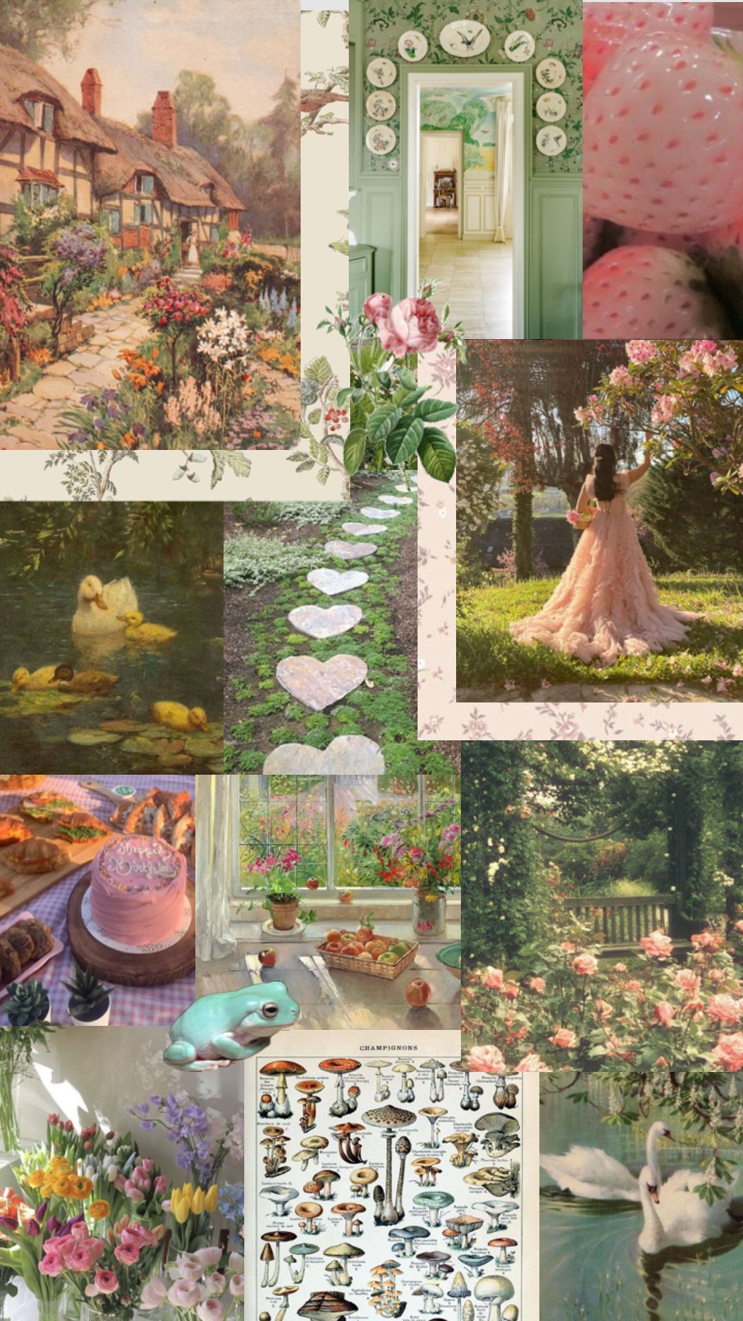 #cottagecore #cottagecoreaesthetic #cottage #cottagecorevibes #pinkandgreen #pastel #wallpaper #collageart #collages #aesthetic #vibes #art #floral #flowers #nature #animals #frog #mushrooms #duck #strawberry