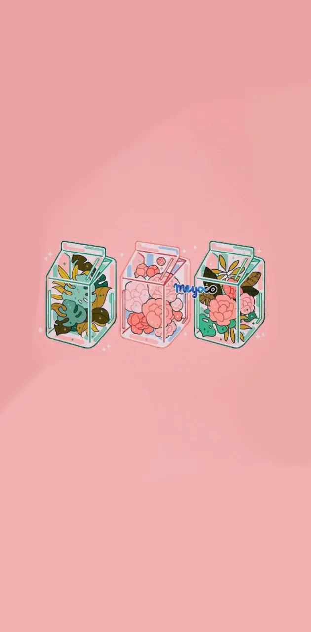 Three glass jars filled with flowers on a pink background - Kawaii