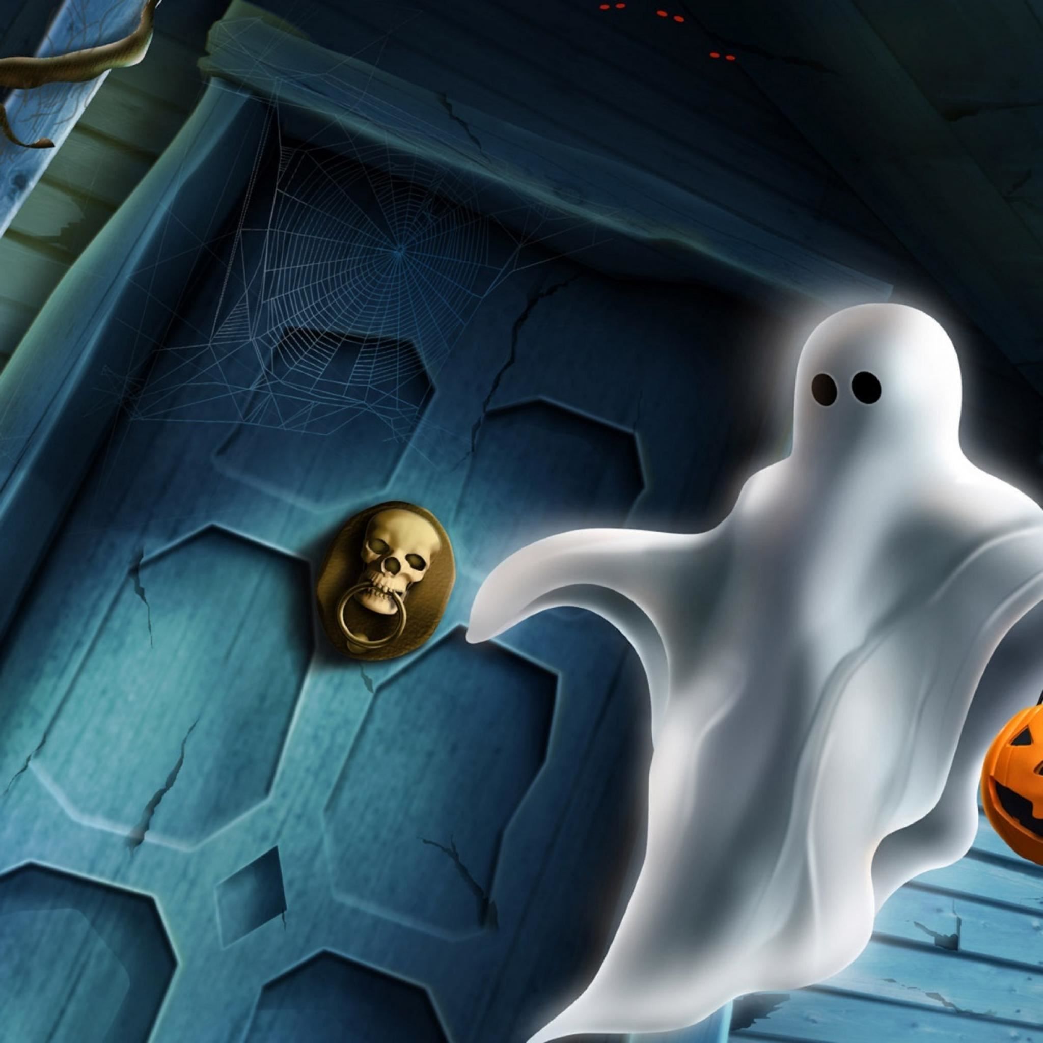 skull ghost twilight pumpkin door house halloween holidays iPad Air Wallpaper Free Download
