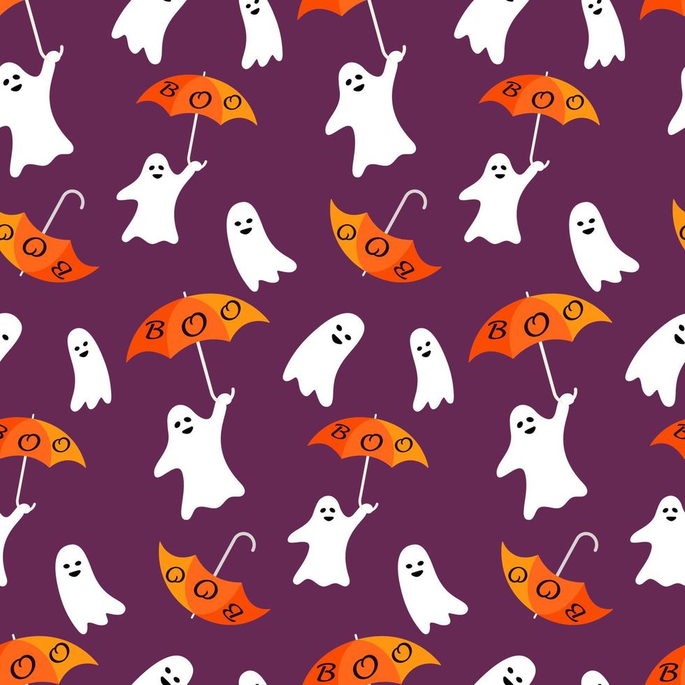 Halloween clipart of cute funny cartoon ghost with Boo, orange umbrella on an isolated background. Spooky background for Halloween celebration, textiles, wallpaper, wrapping paper, scrapbooking