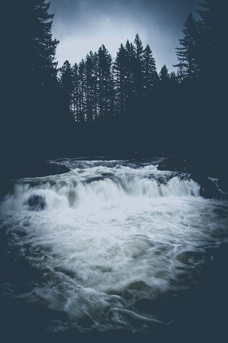 A waterfall surrounded by trees in a dark forest - River