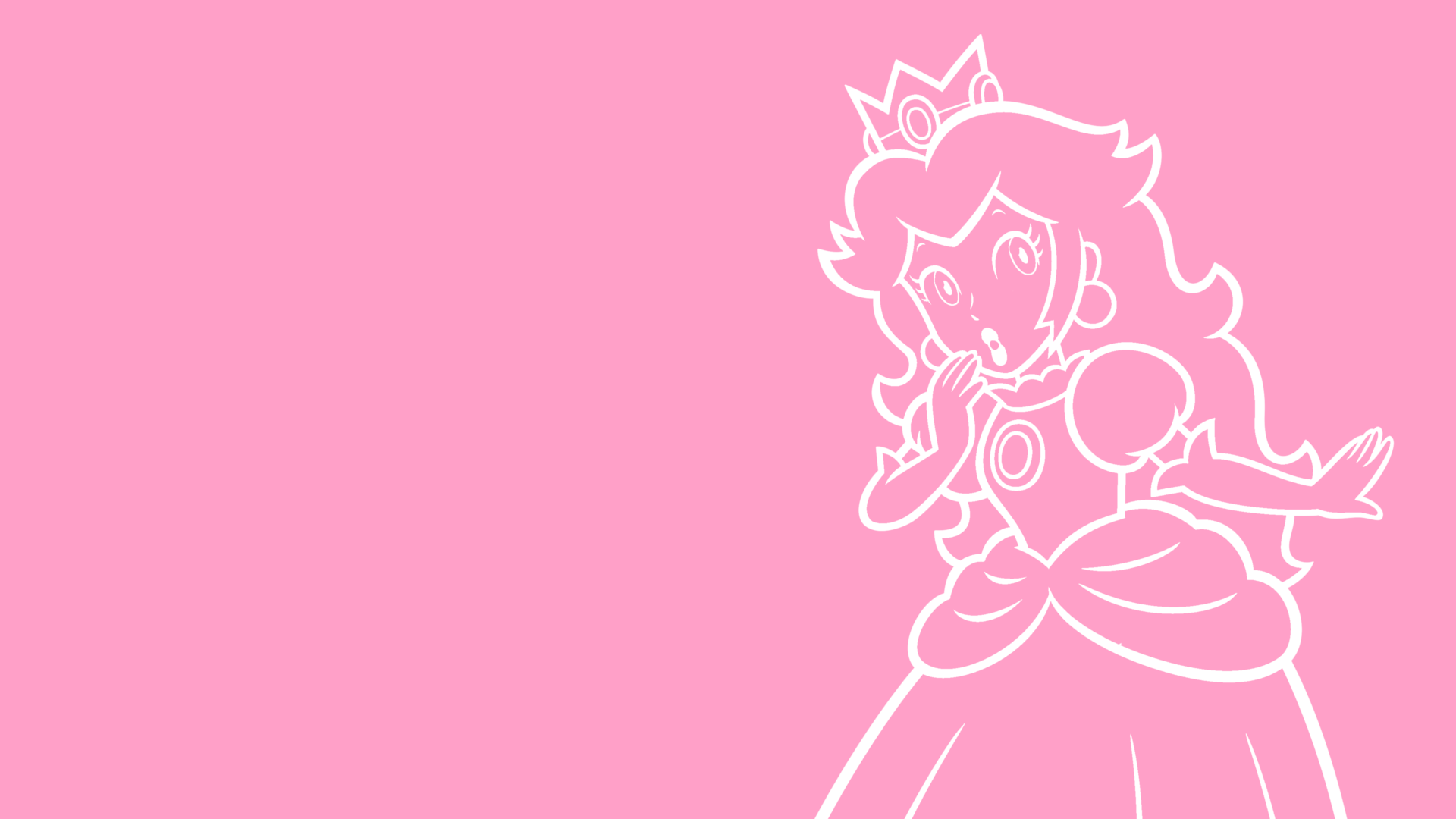 A beautiful illustration of Princess Peach from Super Mario, with a pink background and text on the left side of the image. - Princess Peach