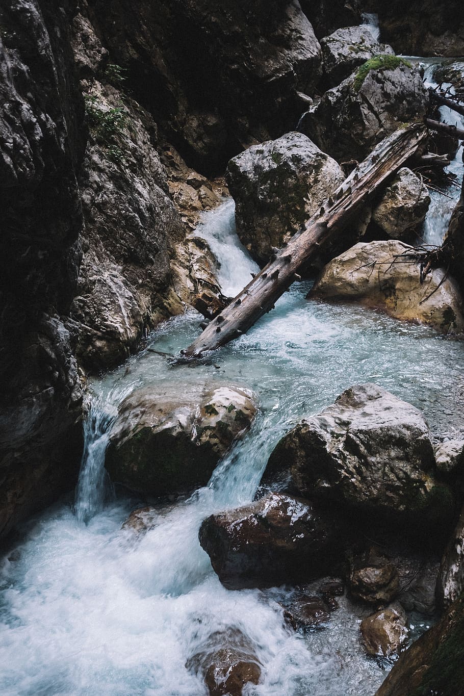 A river flowing through a rocky gorge with a log in the middle of it. - River