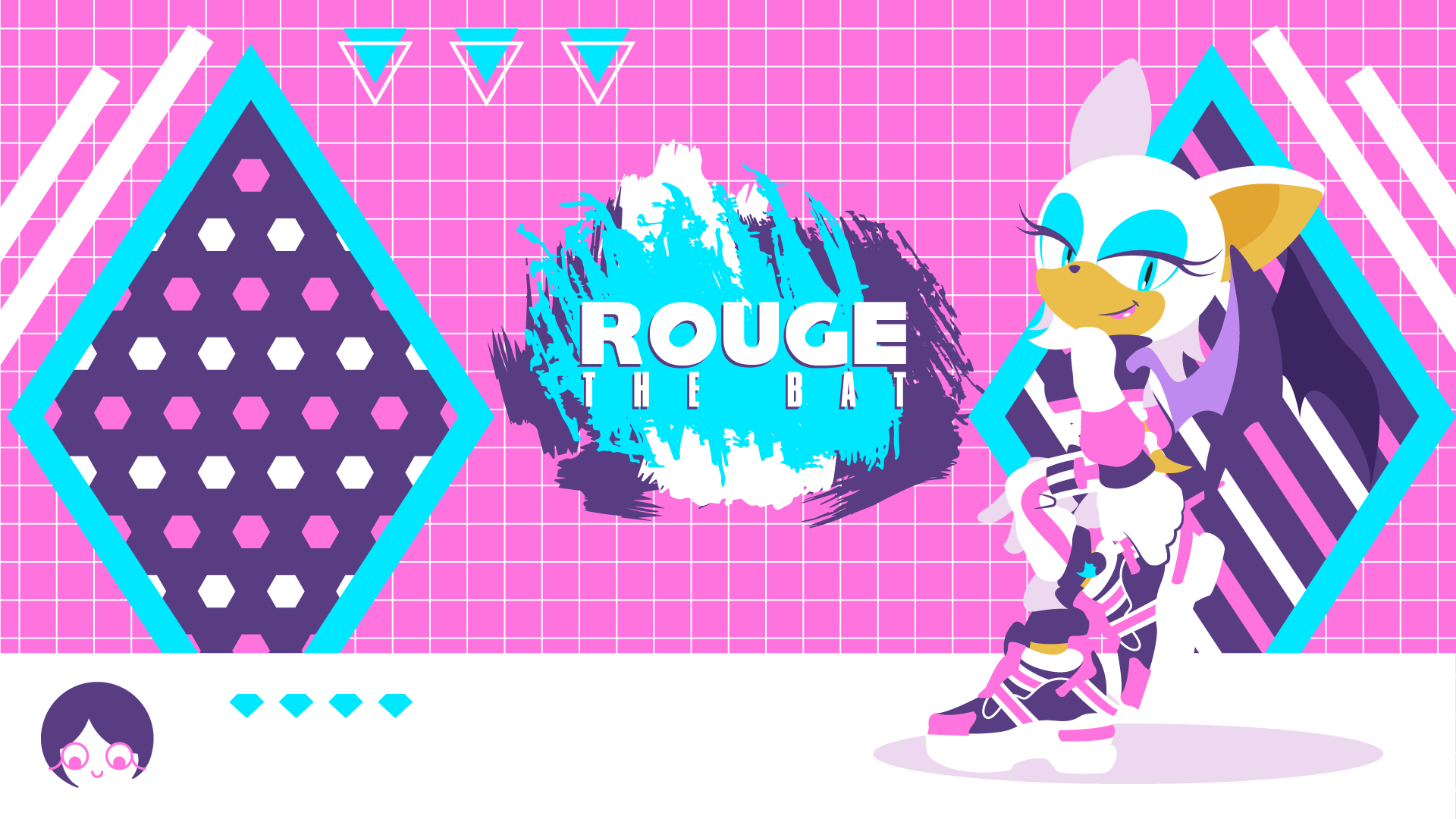 An illustration of Rouge the Bat, a pink fox with white fur, wearing sneakers and standing on a pink hexagonal background. - Sonic
