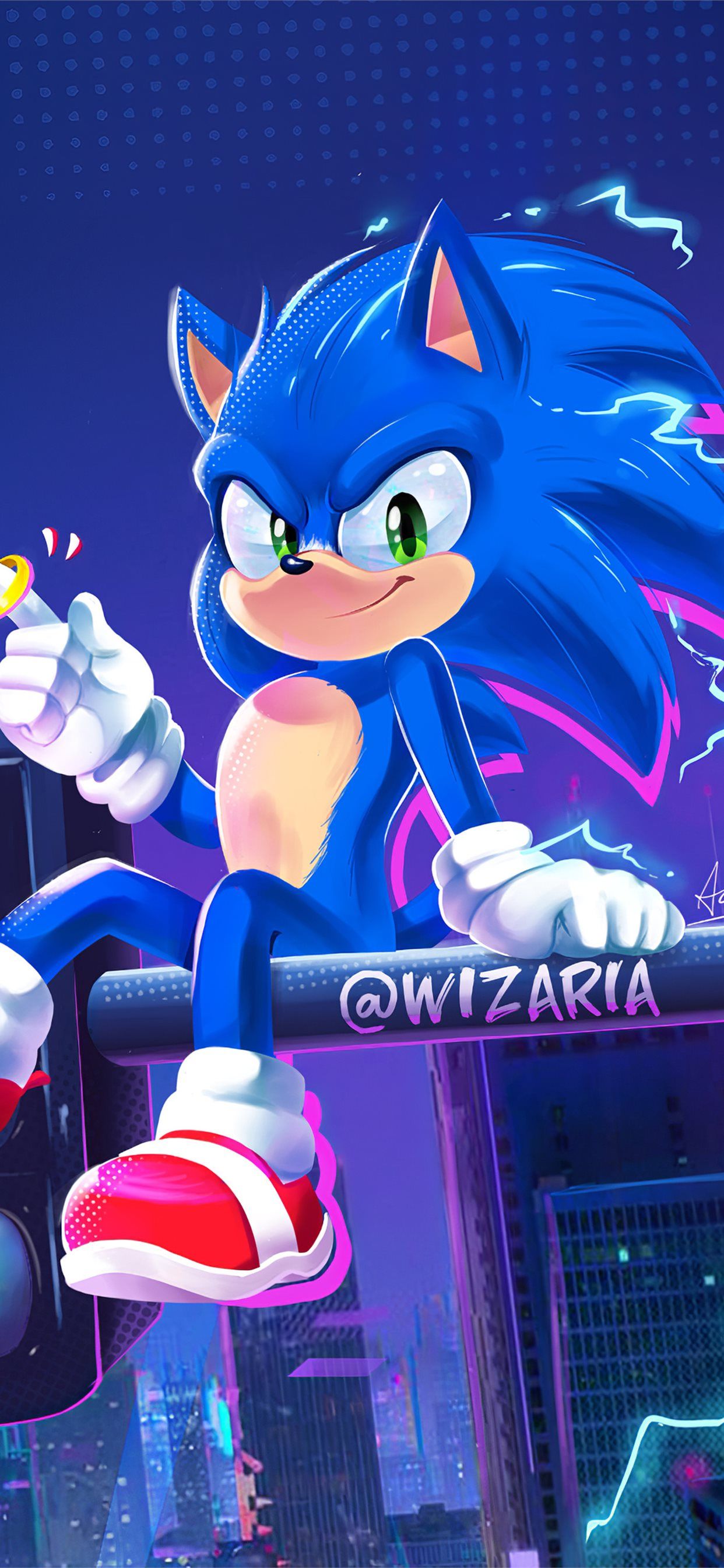 IPhone wallpaper of Sonic the Hedgehog holding a ring in front of a cityscape - Sonic