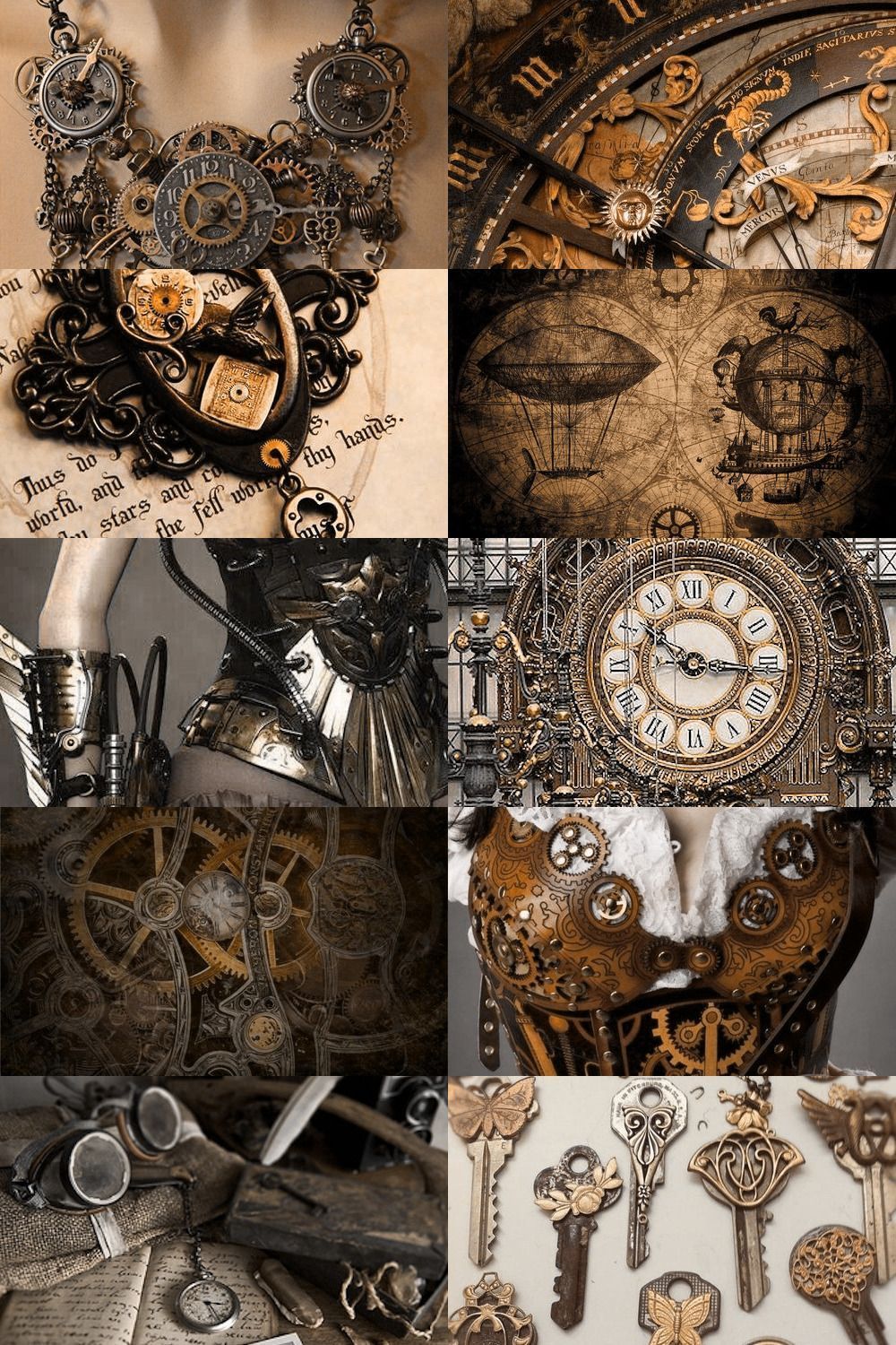 A collage of various images of steampunk elements such as clocks, keys, and gears. - Steampunk