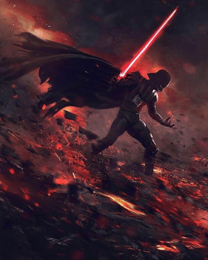 Darth Vader standing on a field of fire with his red lightsaber lit - Darth Vader