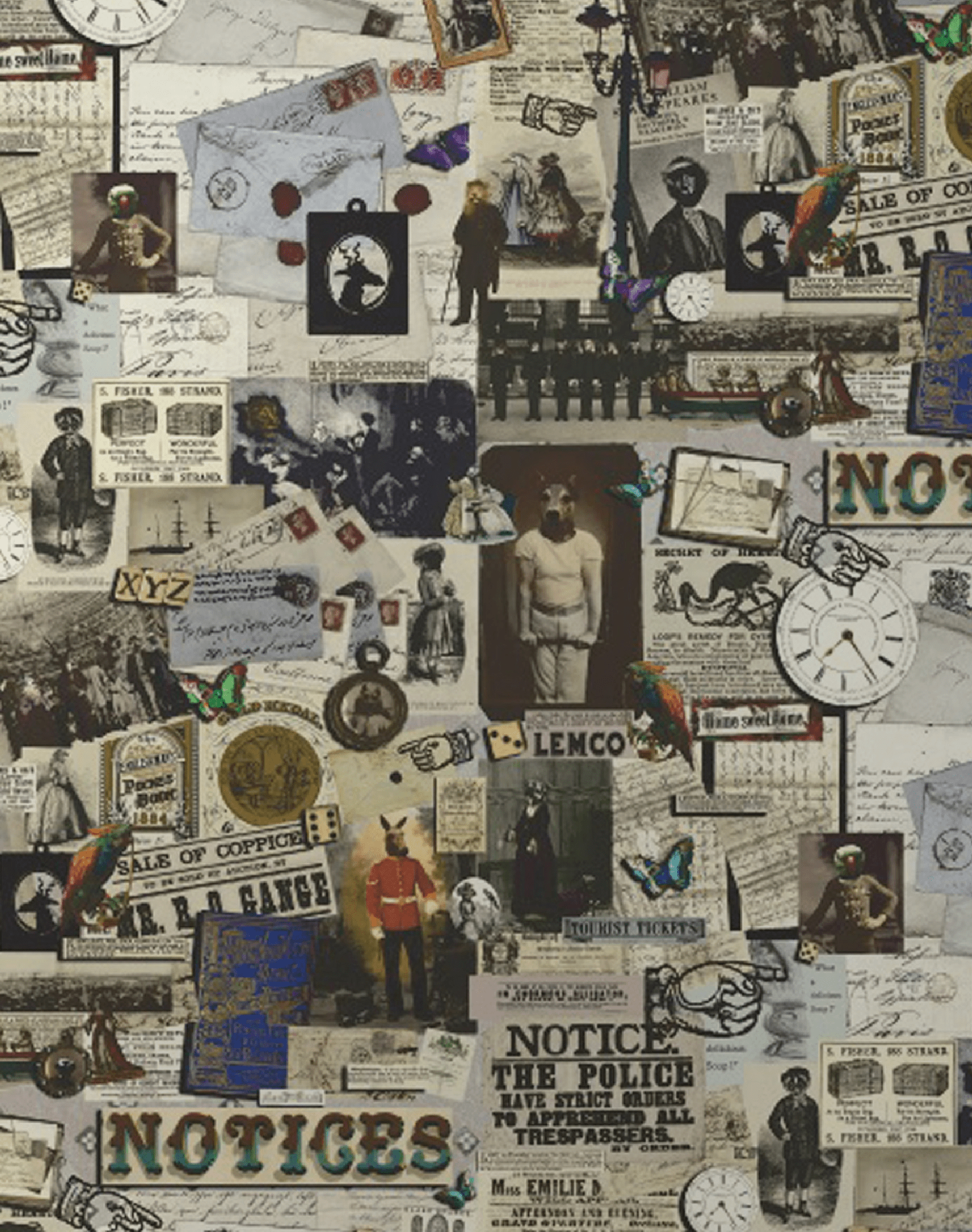 A collage of images and text, including a man in a suit, a butterfly, a clock, and the words 