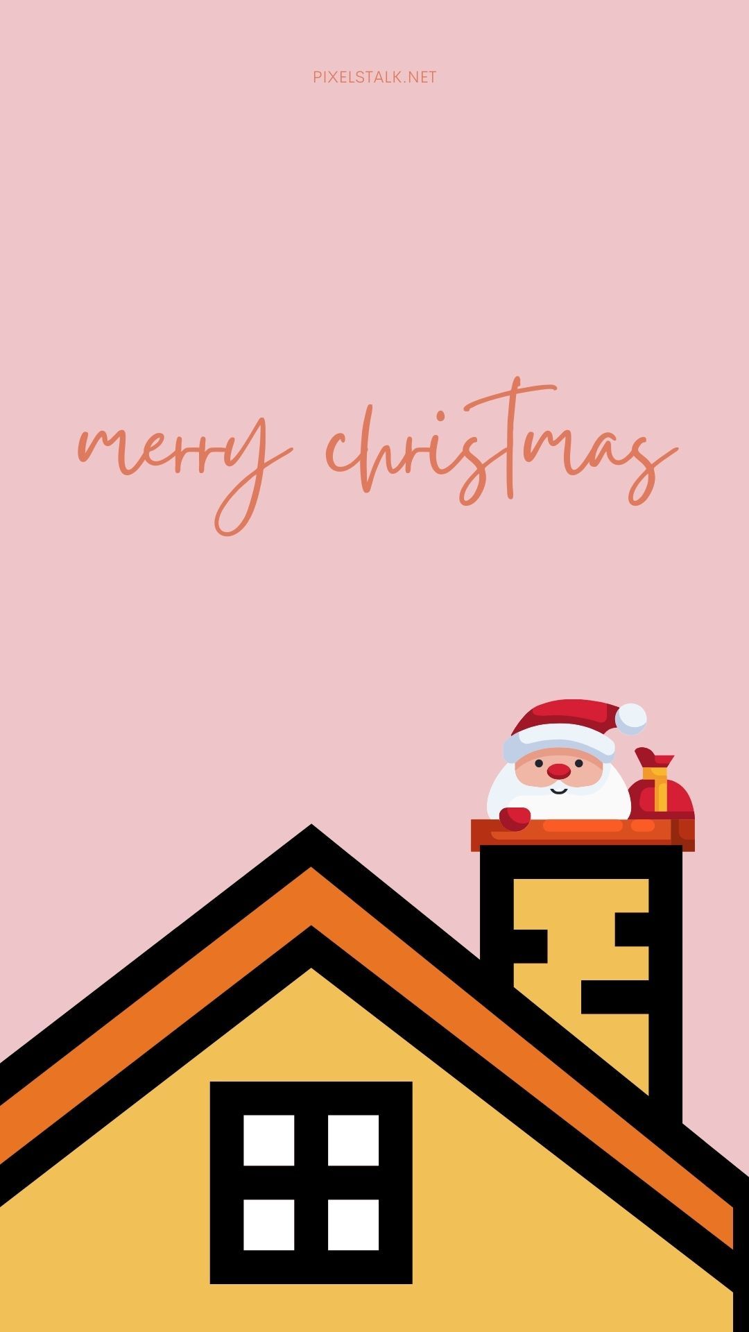 A pink background with a yellow house and Santa Claus coming out of the chimney. - Christmas iPhone
