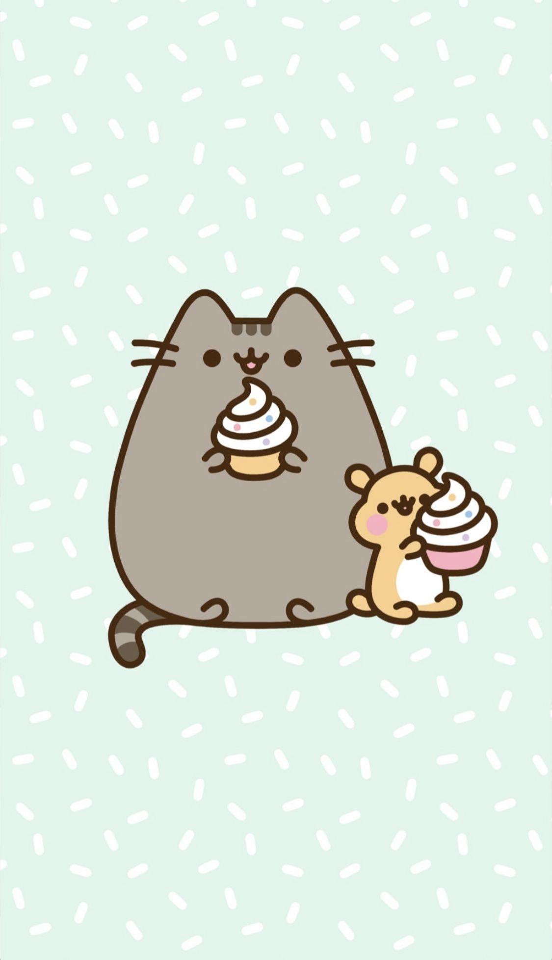 Pusheen eating a cupcake with a mouse - Pusheen