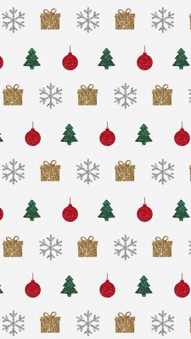 Christmas wallpaper for iPhone with red, green, and gold glittery Christmas trees, presents, and snowflakes on a white background - Christmas iPhone