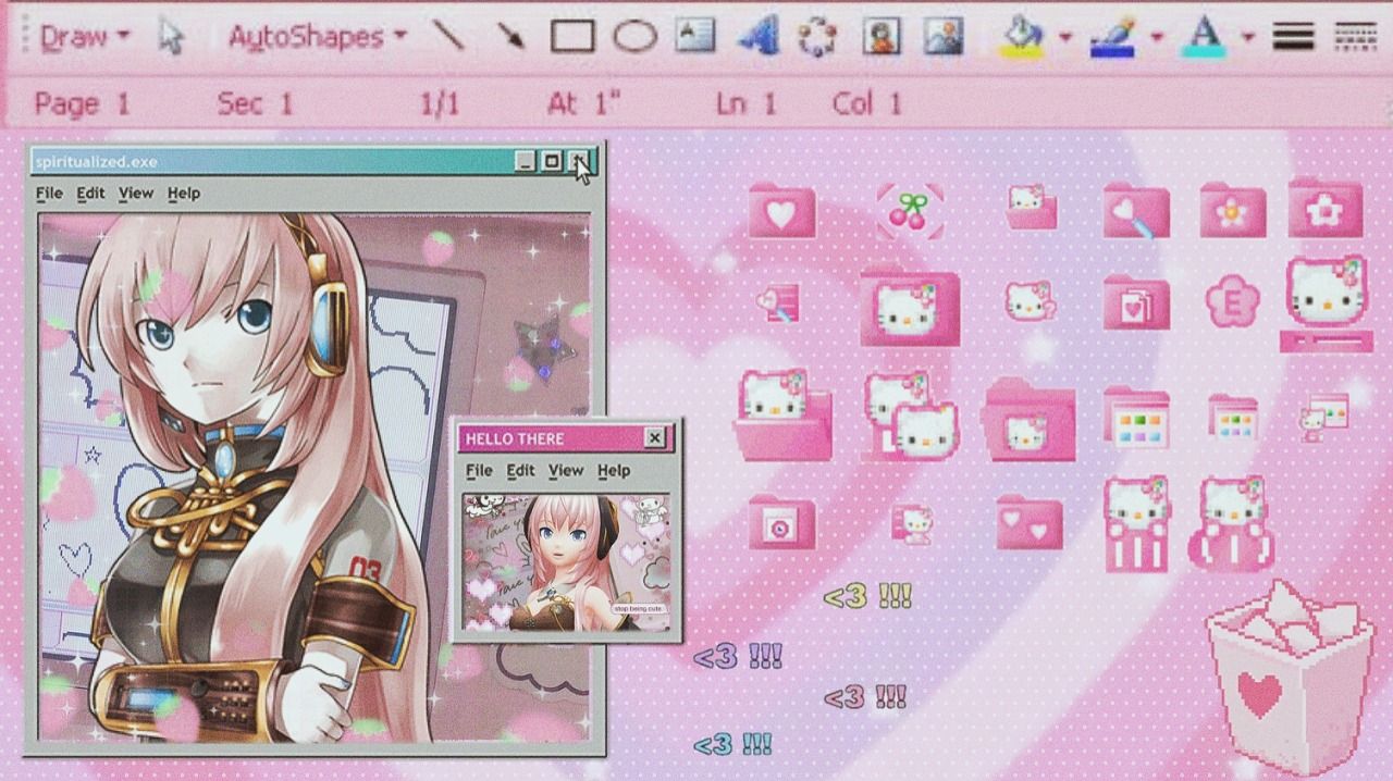A computer screen with a pink theme and Hello Kitty icons. - Webcore