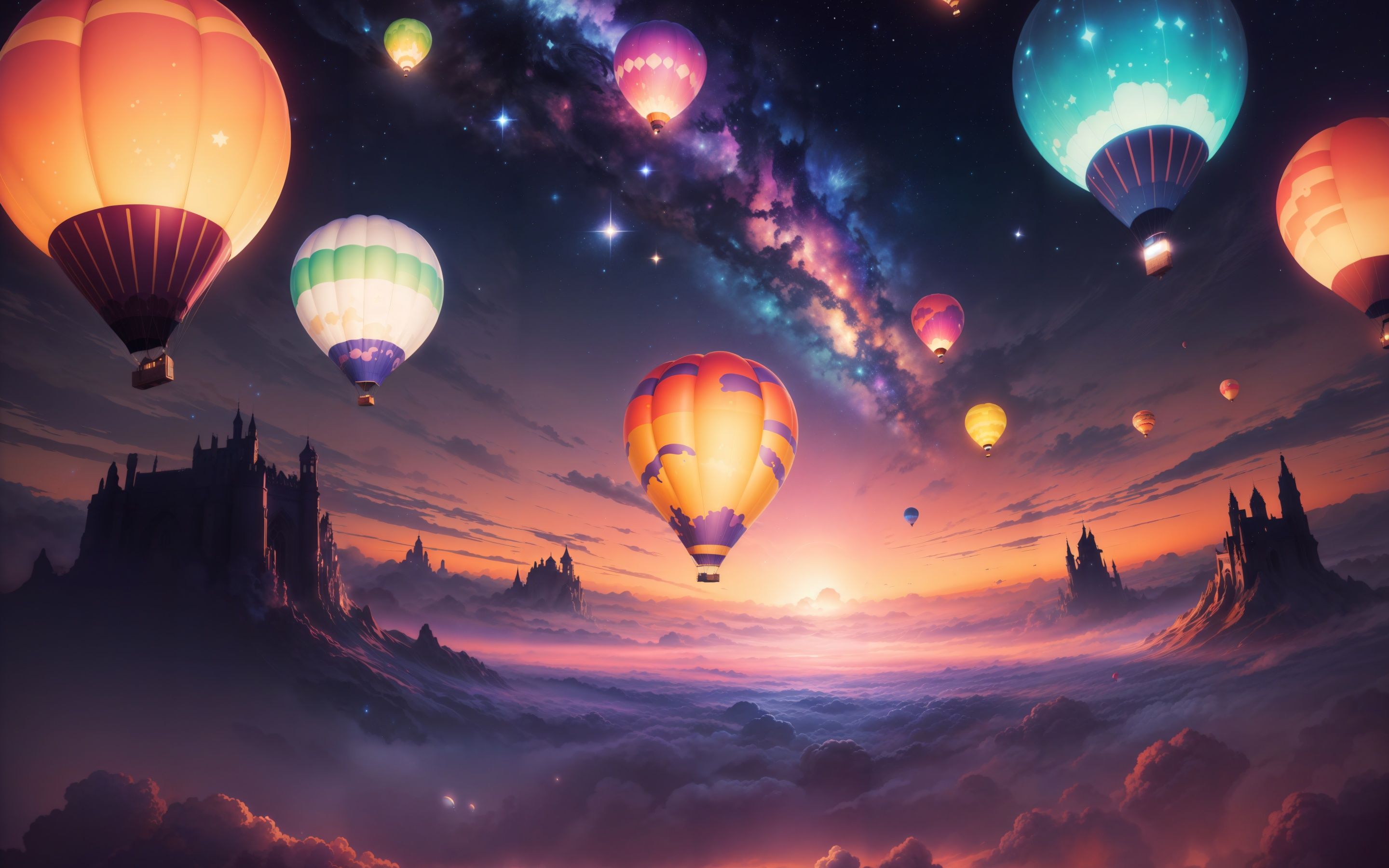 Hot air balloons flying over a city in the clouds - Balloons