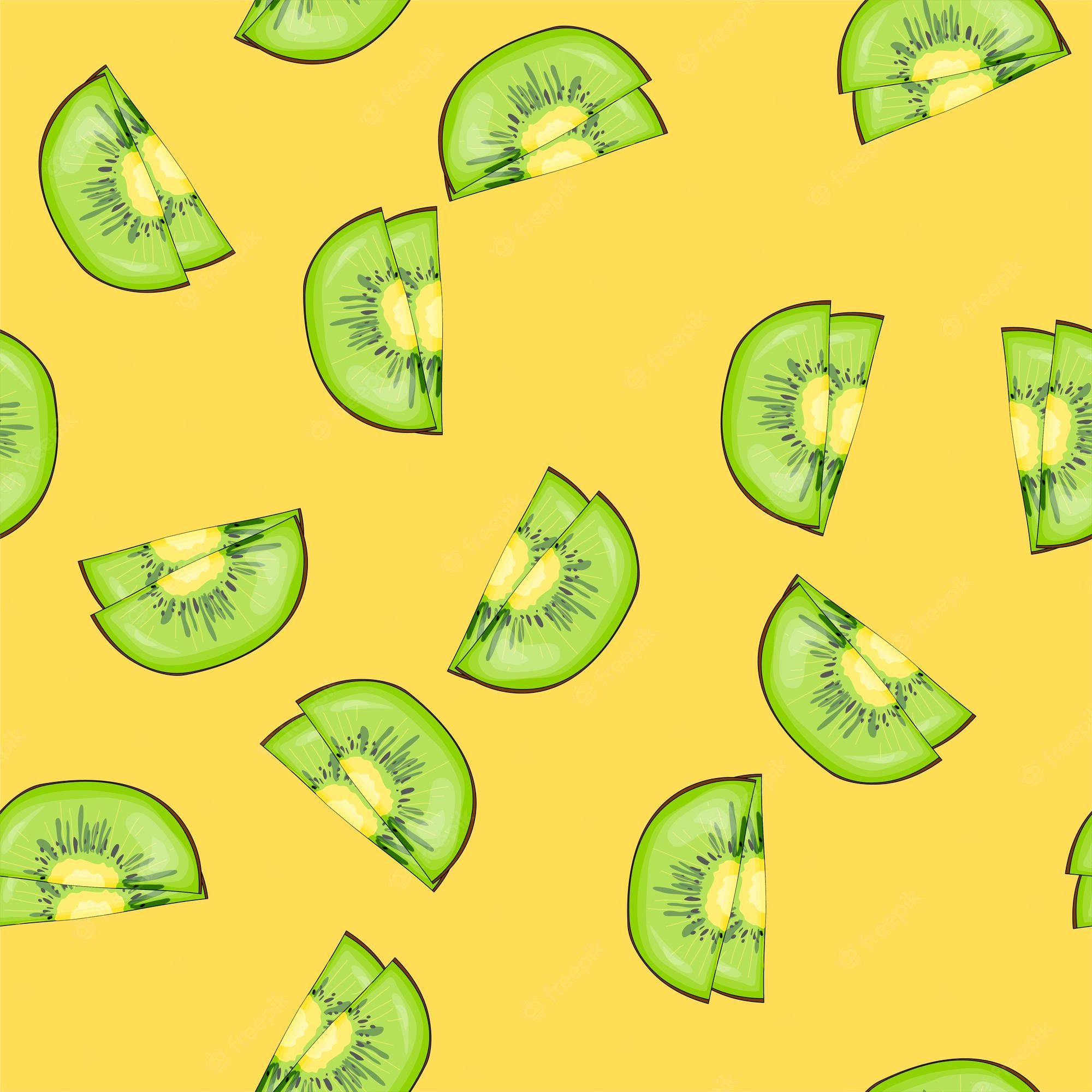 Premium Vector. Seamless pattern for wallpaper or gift paper with kiwi on a yellow background. cute cartoon style. vector illustration