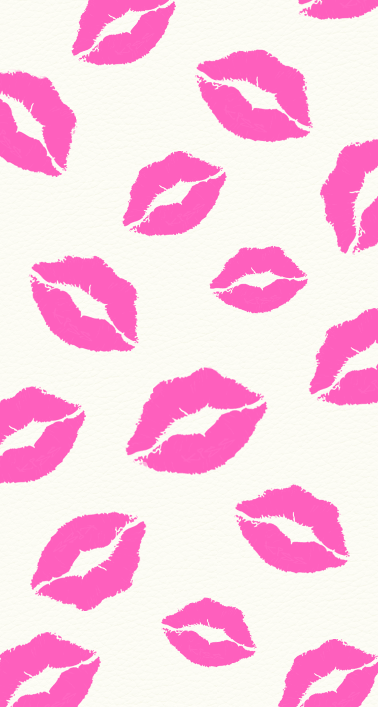 A pattern of pink lipstick prints on a white background - Lips