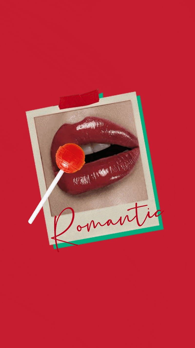 Red background with polaroid picture of red lips holding a lolly pop and the word 