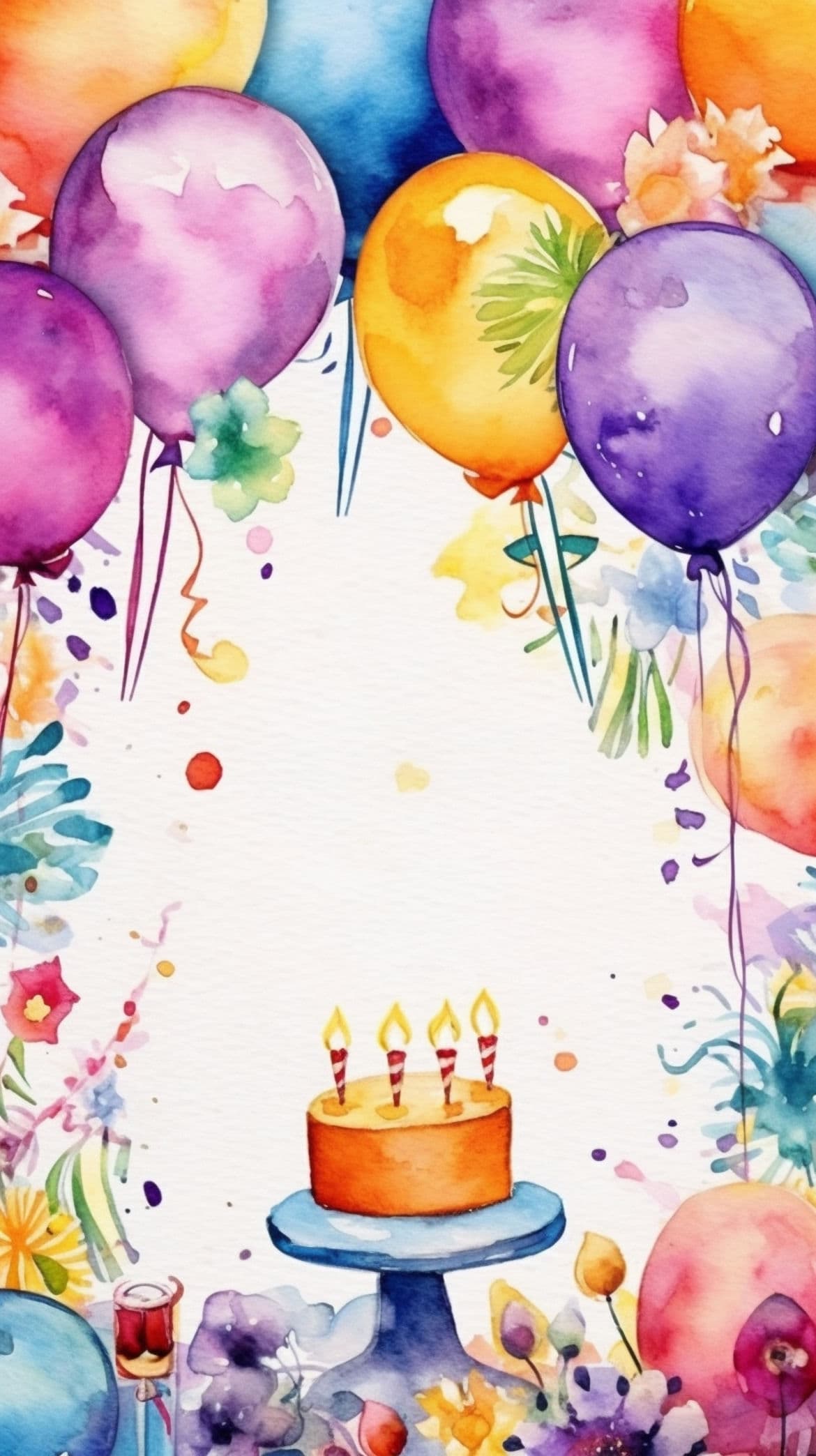 Watercolor birthday card with balloons and a cake - Balloons, birthday