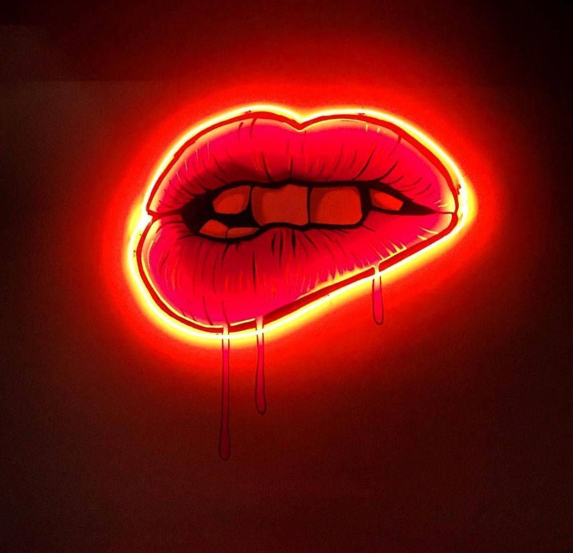 Download Dripping And Biting Neon Lips Wallpaper