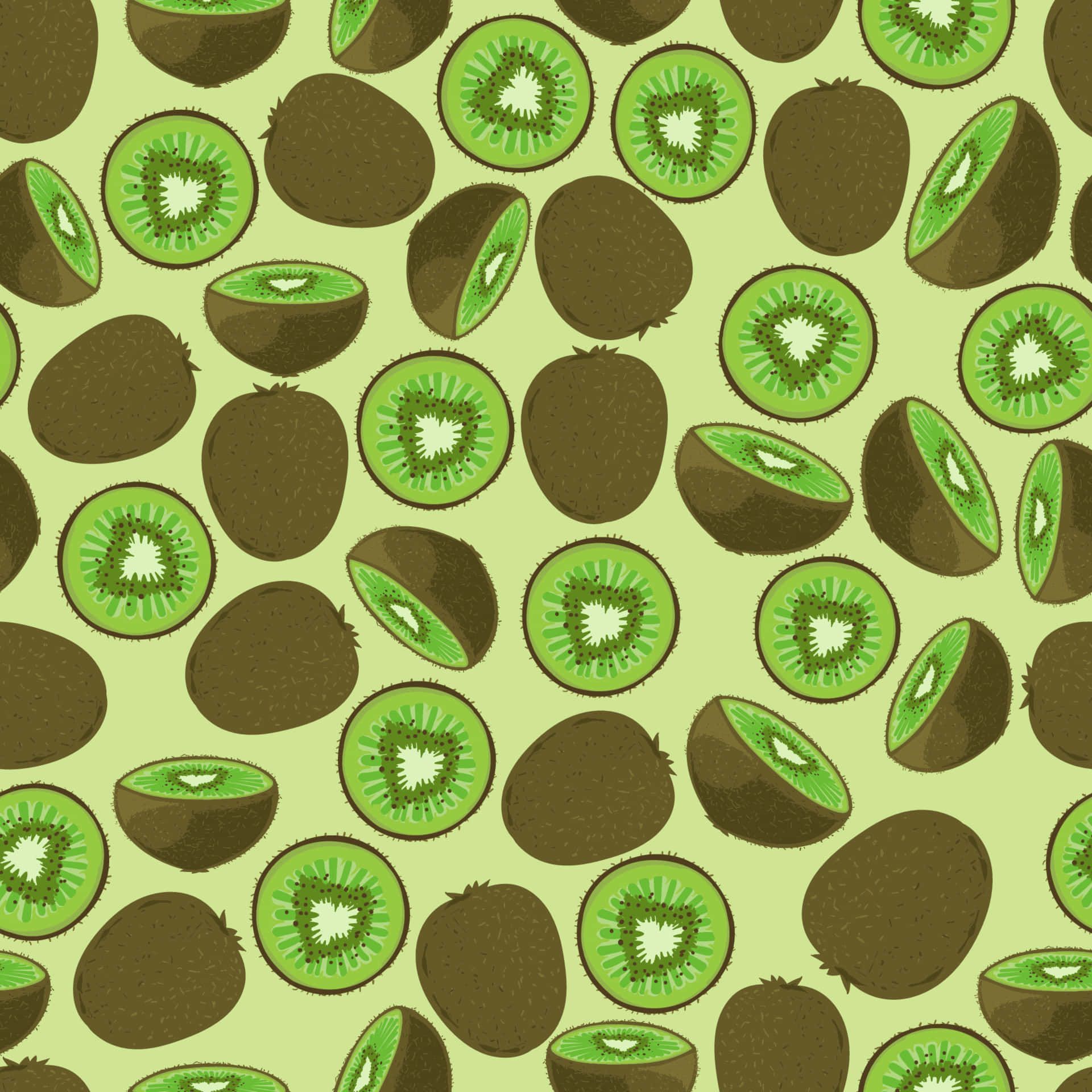 A pattern of whole and sliced kiwis on a green background - Kiwi