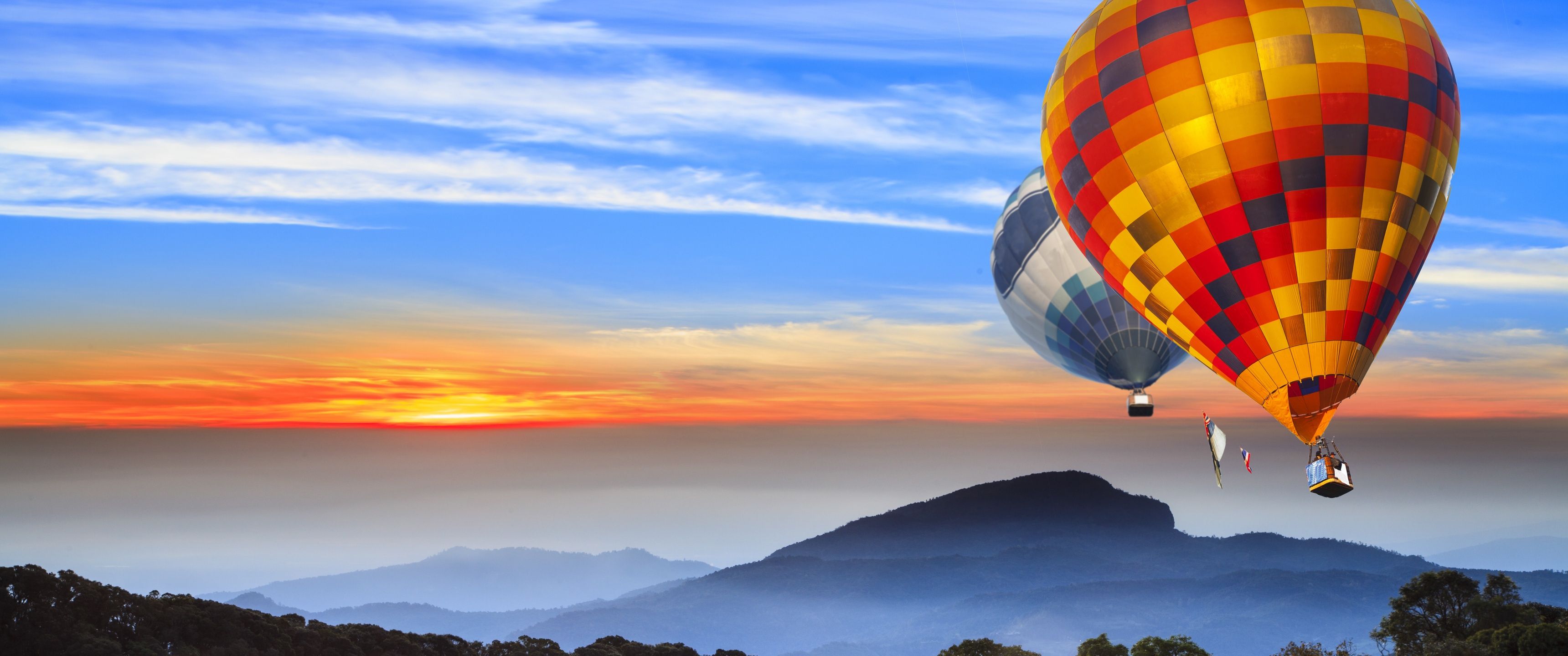 Hot air balloons Wallpaper 4K, Landscape, Hills, Sunrise