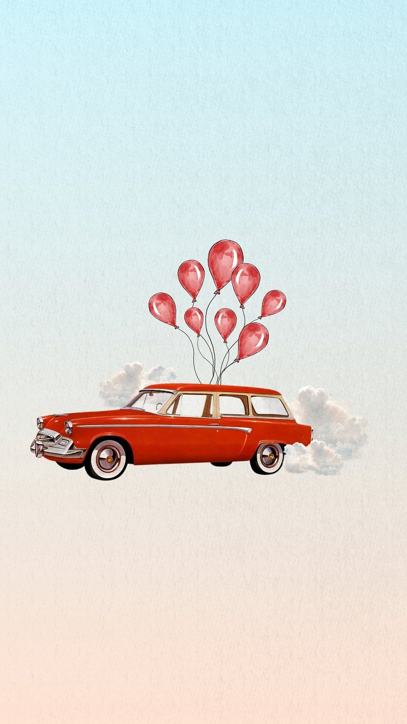 A red car with balloons flying out of the back - Balloons
