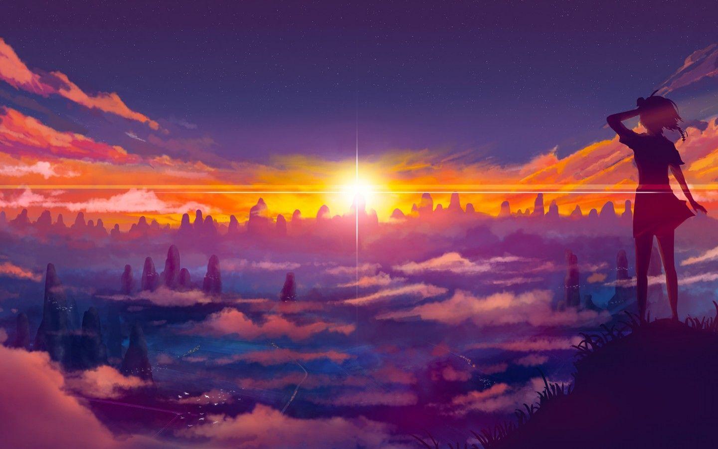 Anime girl standing on a hill watching the sunset - 1440x900