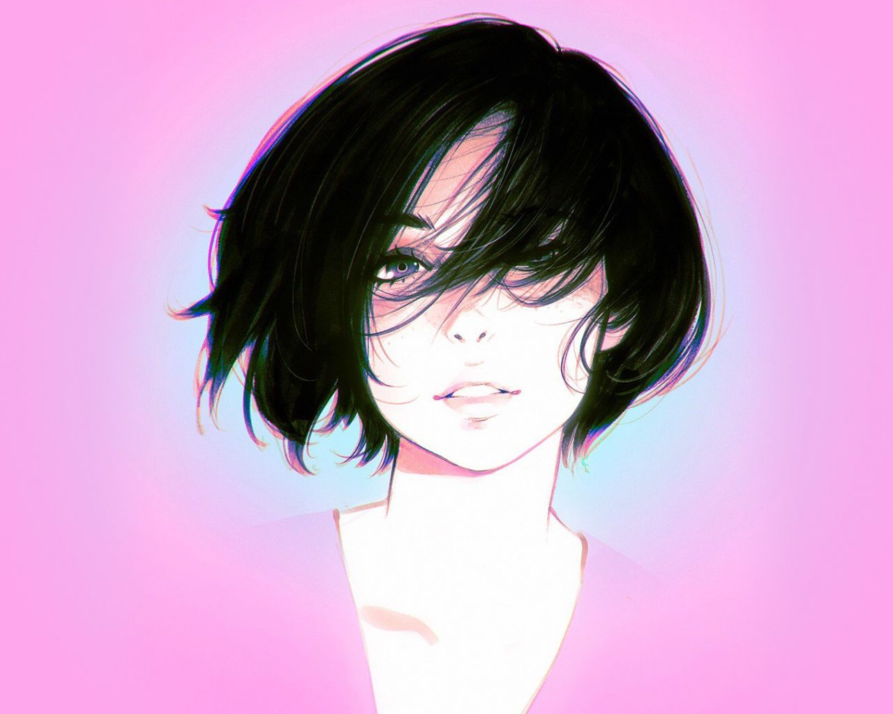 Digital illustration of a woman with short black hair and a pink background - 1280x1024