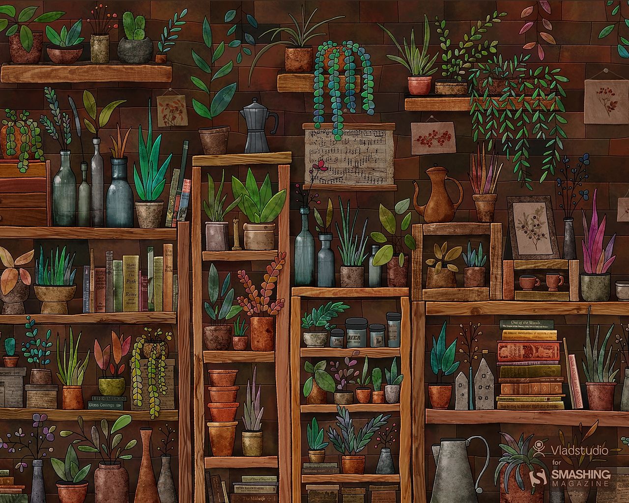 An illustration of a bookshelf with books and plants. - 1280x1024